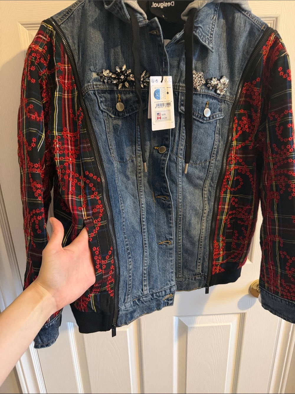 NWT Desigual Blue Denim Jacket/Vest with Red Plaid Sleeves and Gray Hood - Picture 5 of 7